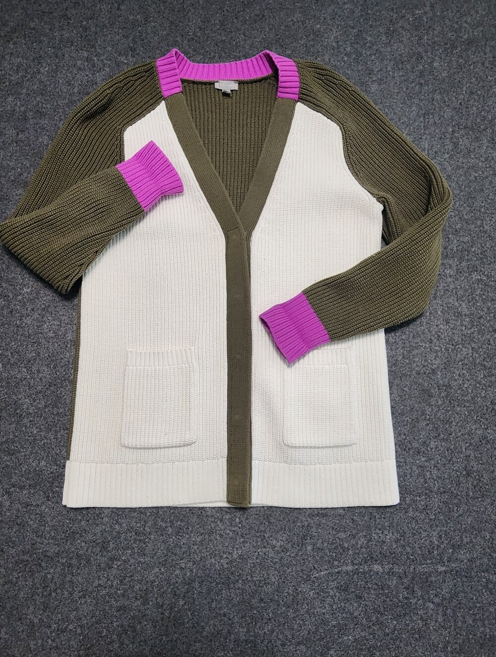 Talbots Colorblock Cream Cardigan with Olive Sleeves and Pink Trim